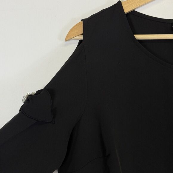 Badgley Mischka Studio Black Cold Shoulder Pearl Shirt Top Women's Large NEW NWT - Picture 3 of 7